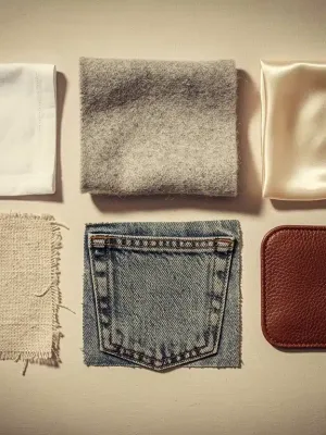 Collection of classic fabric swatches: cotton, linen, wool, silk, denim, leather