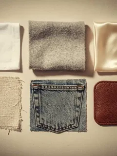 Collection of classic fabric swatches: cotton, linen, wool, silk, denim, leather