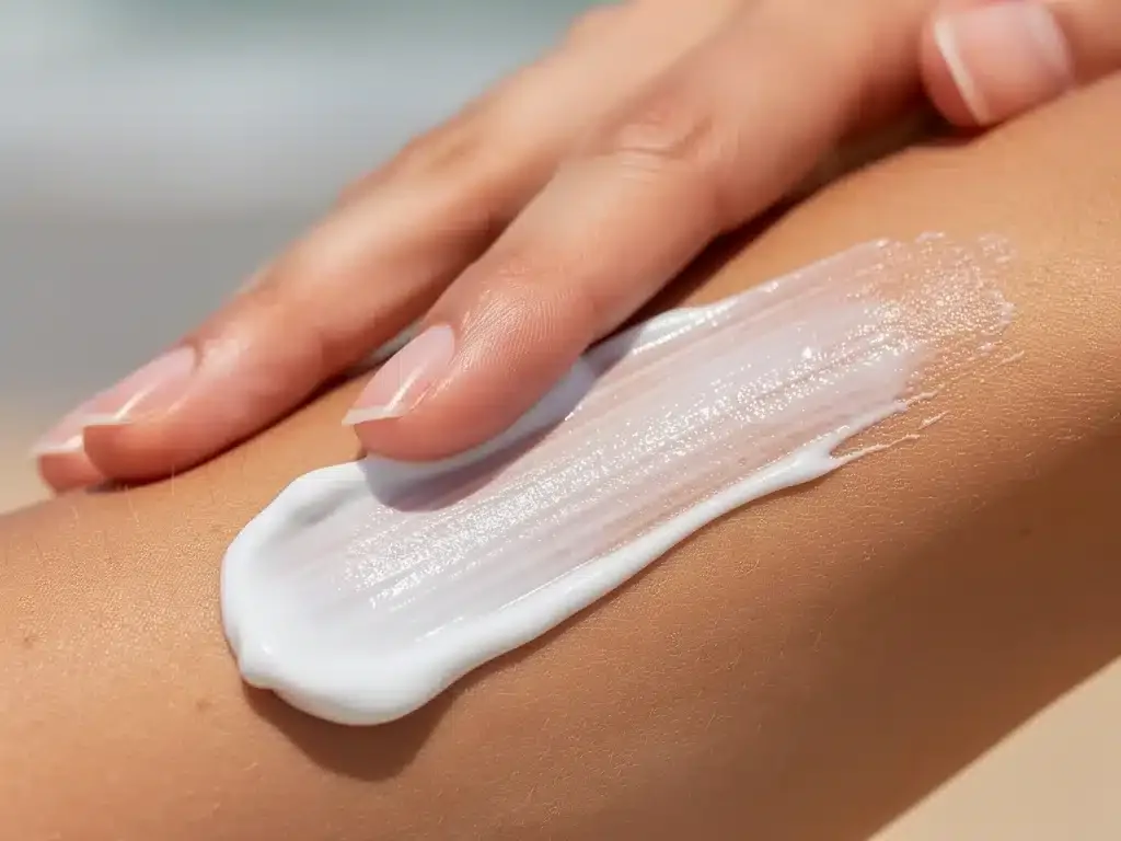 Hand applying broad-spectrum SPF sunscreen to arm, demonstrating proper technique