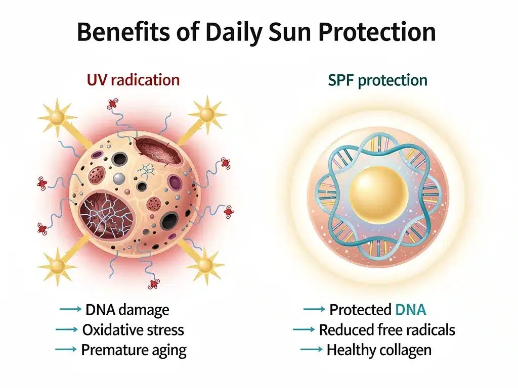 Infographic illustrating UV damage versus SPF protected skin cells