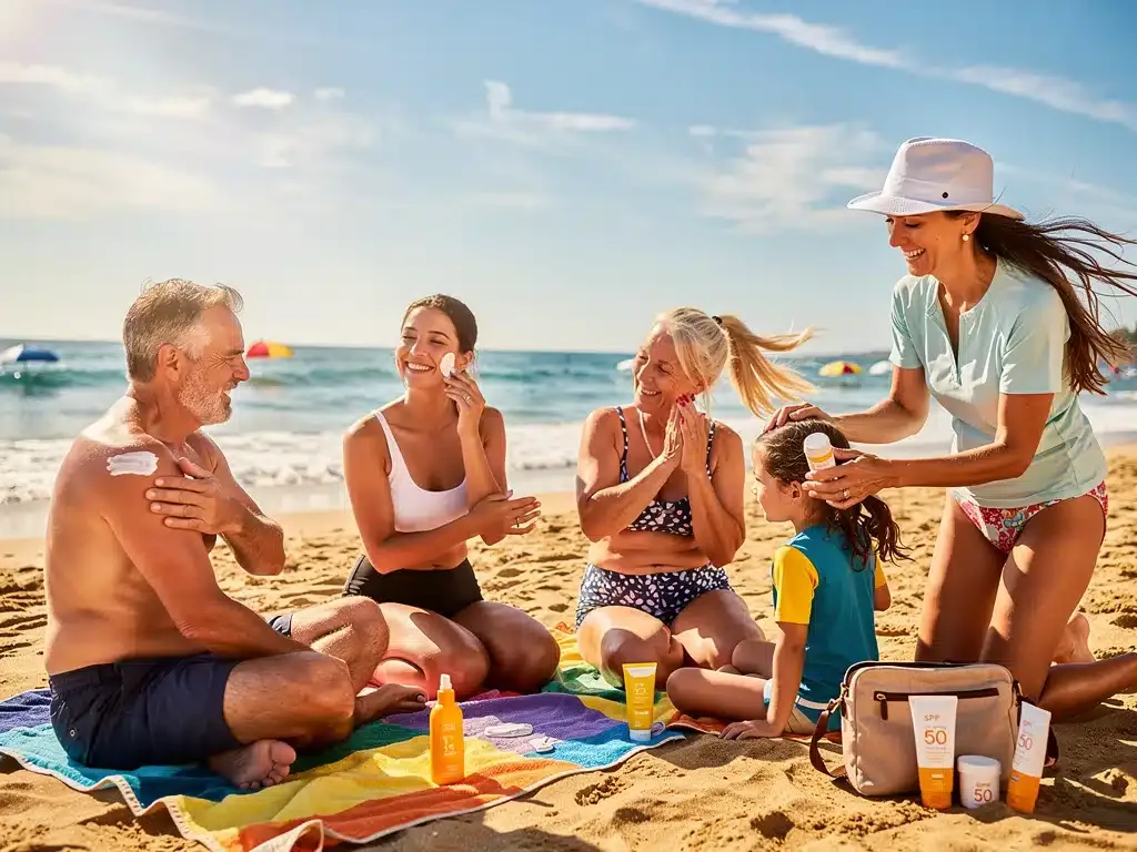 Diverse group applying SPF sunscreen on a sunny 2026 beach day, promoting healthy skin