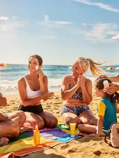 Diverse group applying SPF sunscreen on a sunny 2026 beach day, promoting healthy skin