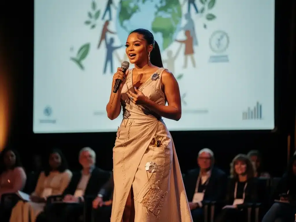 Celebrity advocating for a cause in a sustainable gown.