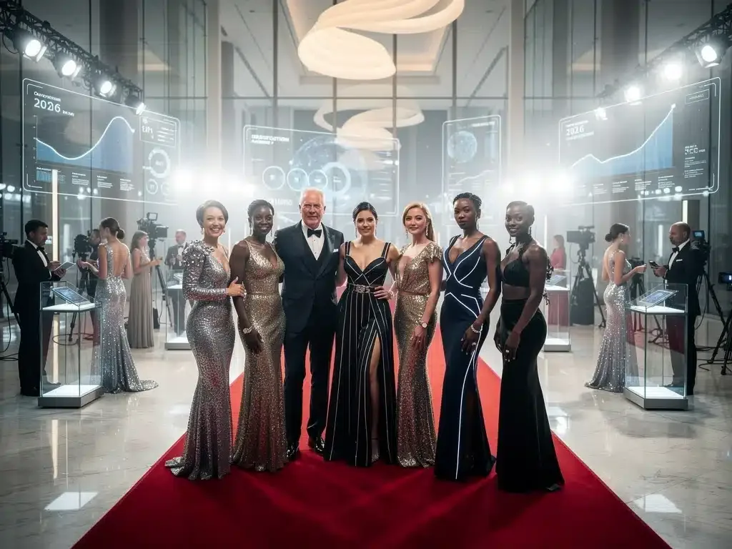 Hollywood celebrities at a philanthropic fashion event in 2026, showcasing elegant attire.