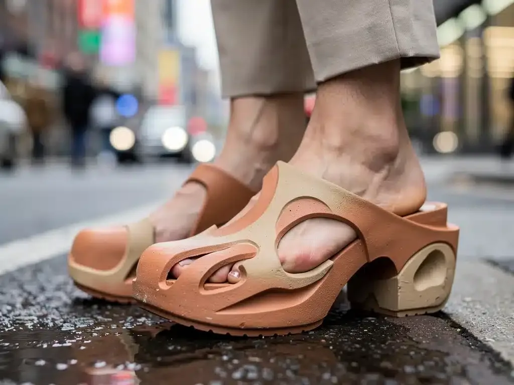 Detailed view of chunky sculpted clogs, showcasing their unique design and earthy tones in a city setting.