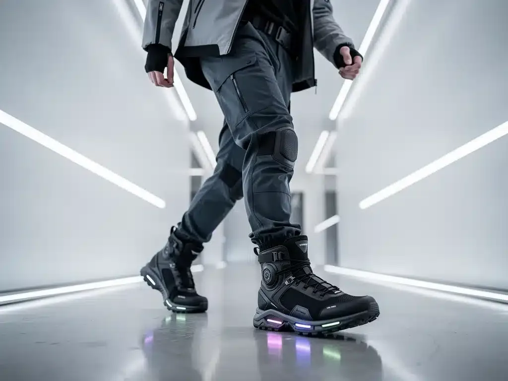 Performance-inspired tech boots with glowing accents and ergonomic design worn by a model in a modern setting.