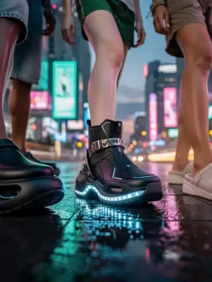 Futuristic streetwear fashion with sculpted clogs, tech boots, and sustainable slip-ons dominating an urban scene in 2026.