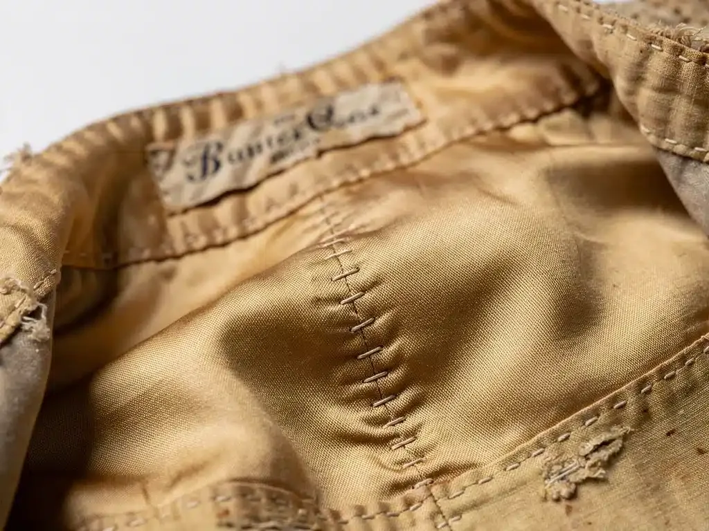Close-up of hand-finished interior stitching in vintage haute couture