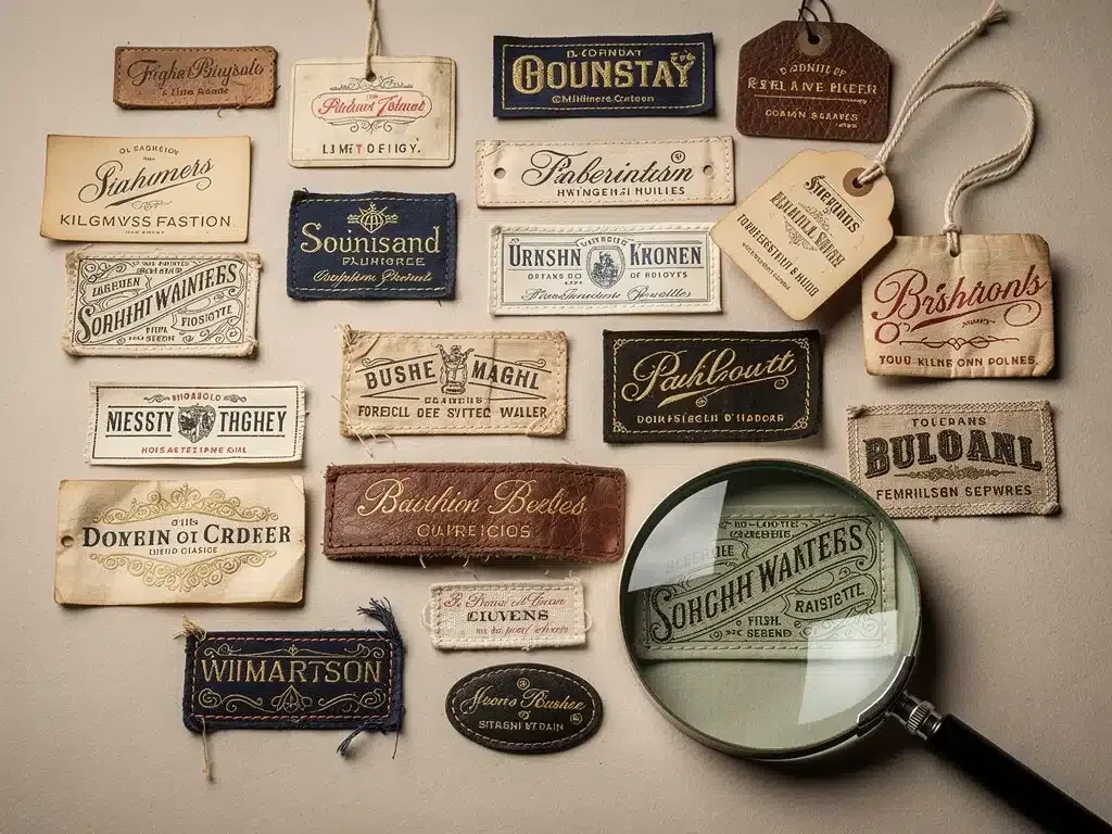 Collection of various authentic vintage fashion labels and tags