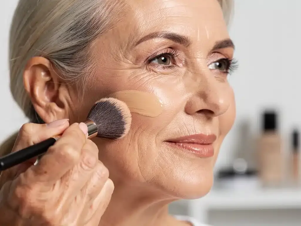 Woman applying hydrating foundation to mature skin