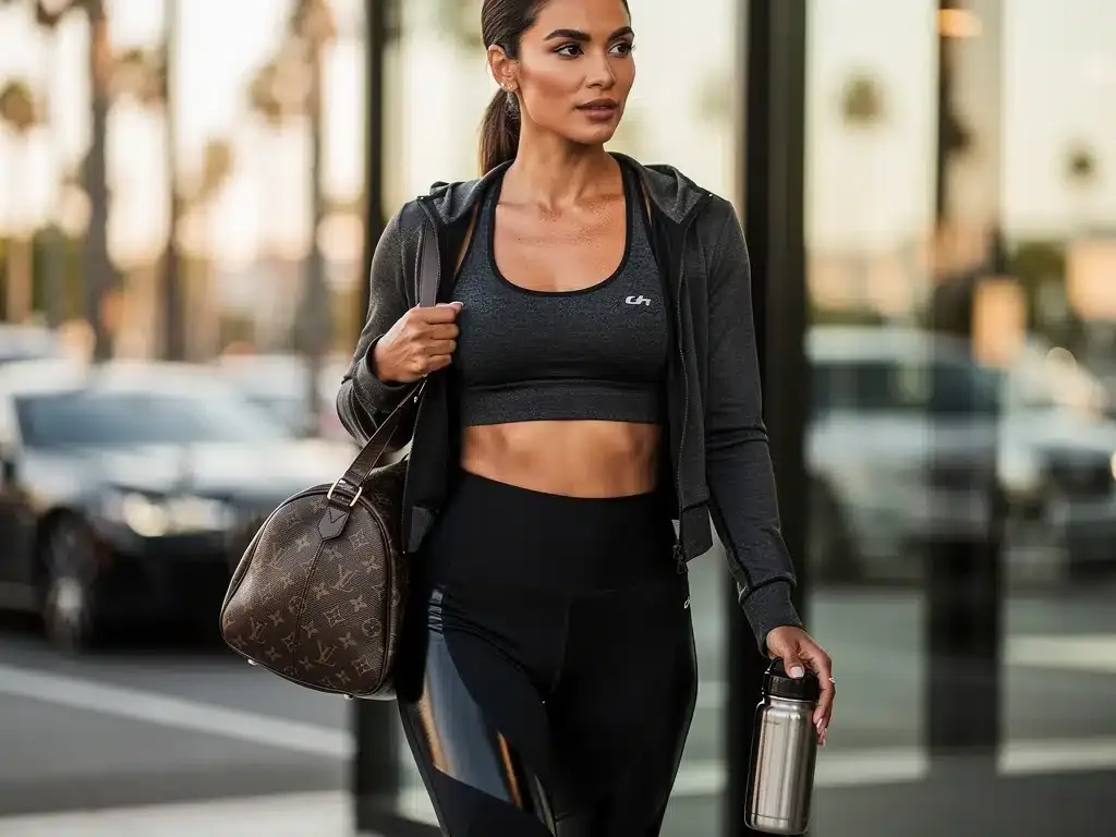 Actress leaving gym in premium athleisure wear, Hollywood 2026