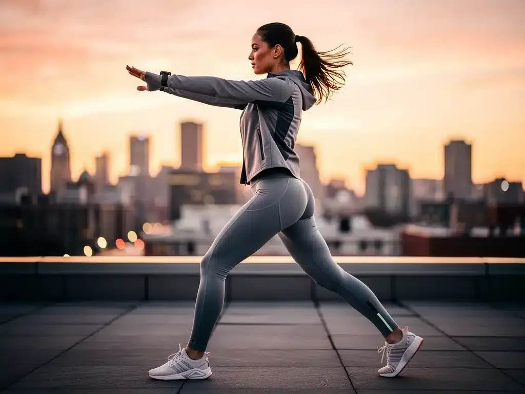 Athlete modeling versatile athleisure outfit on urban rooftop, sunset 2026