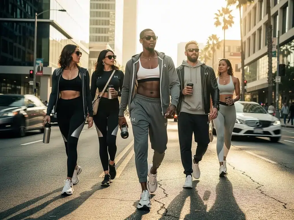 Celebrities in stylish athleisure wear walking in Los Angeles street fashion 2026