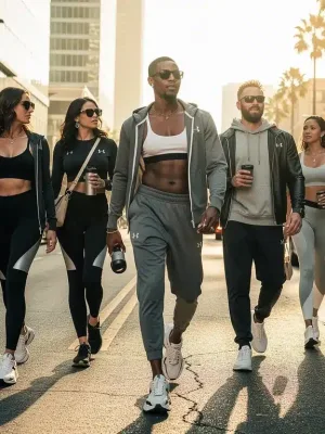 Celebrities in stylish athleisure wear walking in Los Angeles street fashion 2026