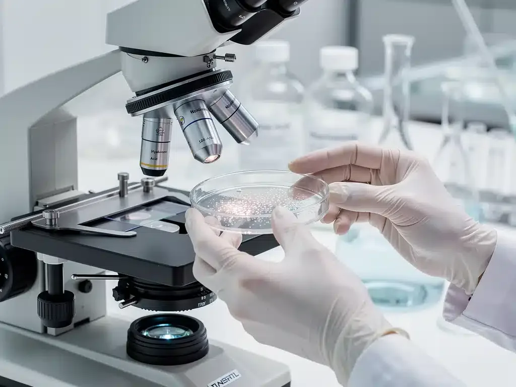 Scientist examining cosmetic formulation under microscope in a modern lab.