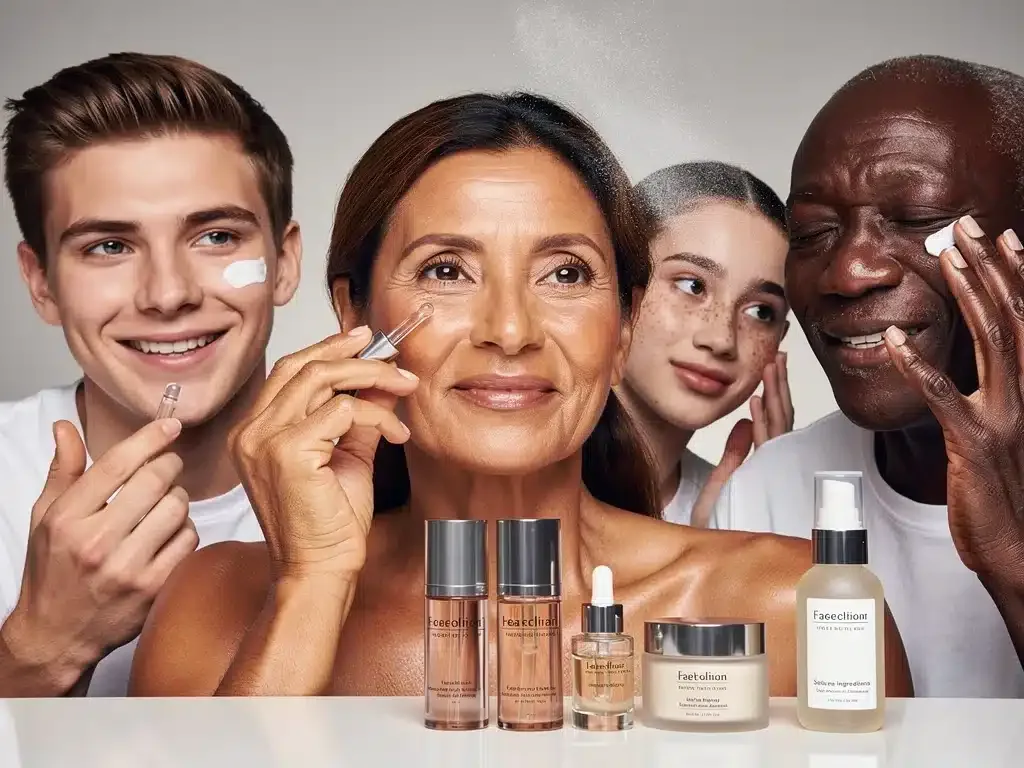 Diverse individuals applying cosmetic products, highlighting inclusive beauty trends.