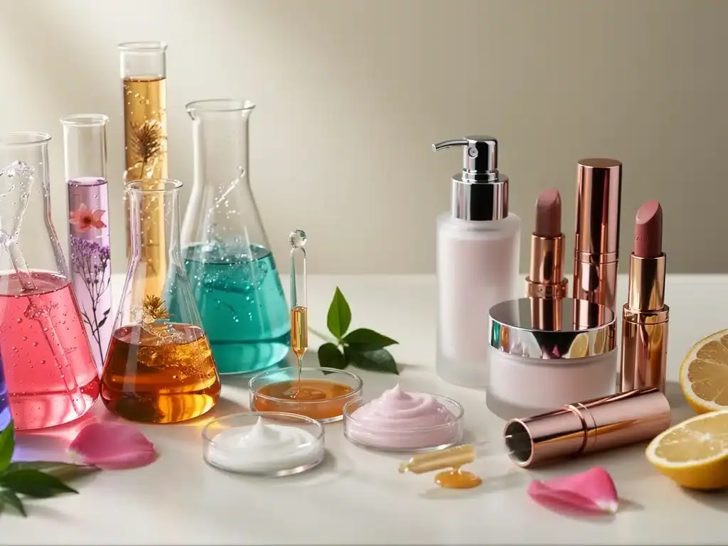 Vibrant cosmetic ingredients in lab beakers and on a vanity, representing innovation in beauty.