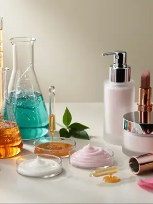 Vibrant cosmetic ingredients in lab beakers and on a vanity, representing innovation in beauty.
