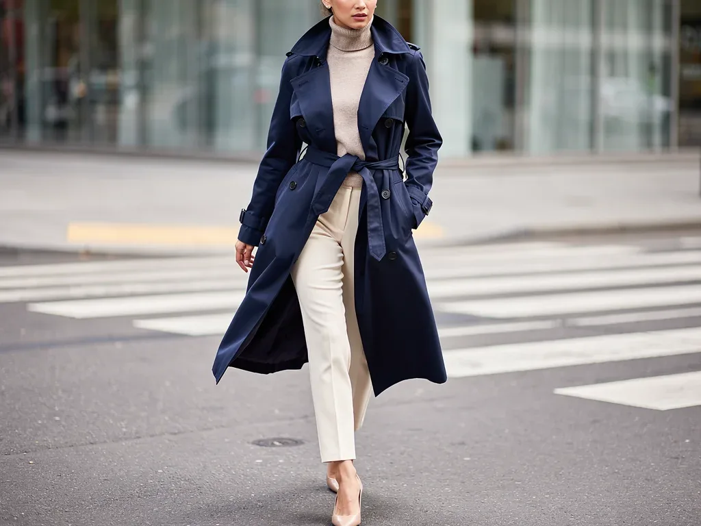 Woman in navy trench coat, elevating neutral outfit.