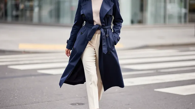 Woman in navy trench coat, elevating neutral outfit.