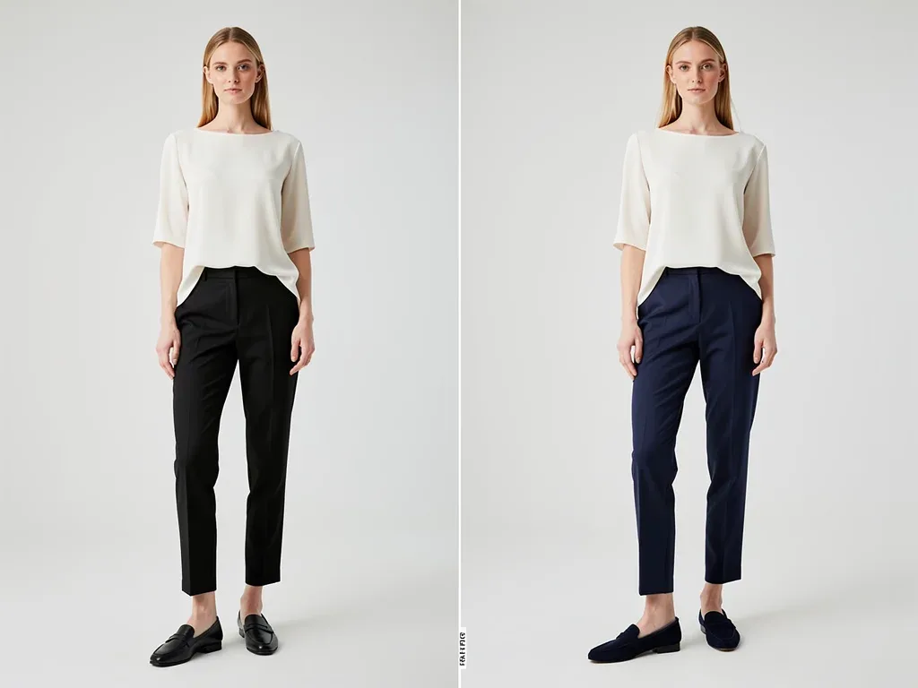 Comparison of black and navy trousers with cream top.