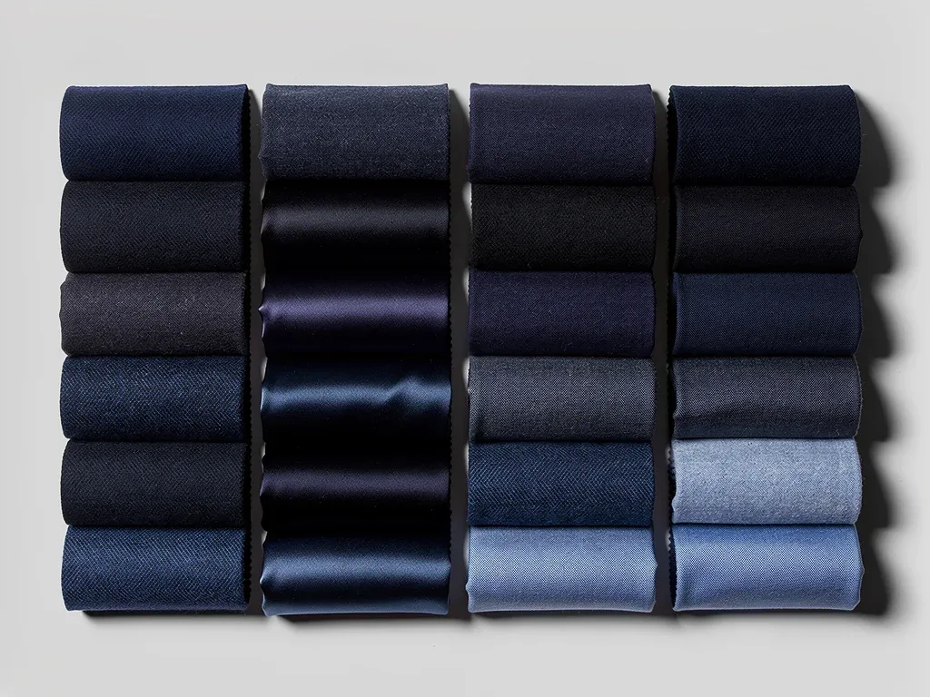 Fabric swatches displaying various shades of navy blue.