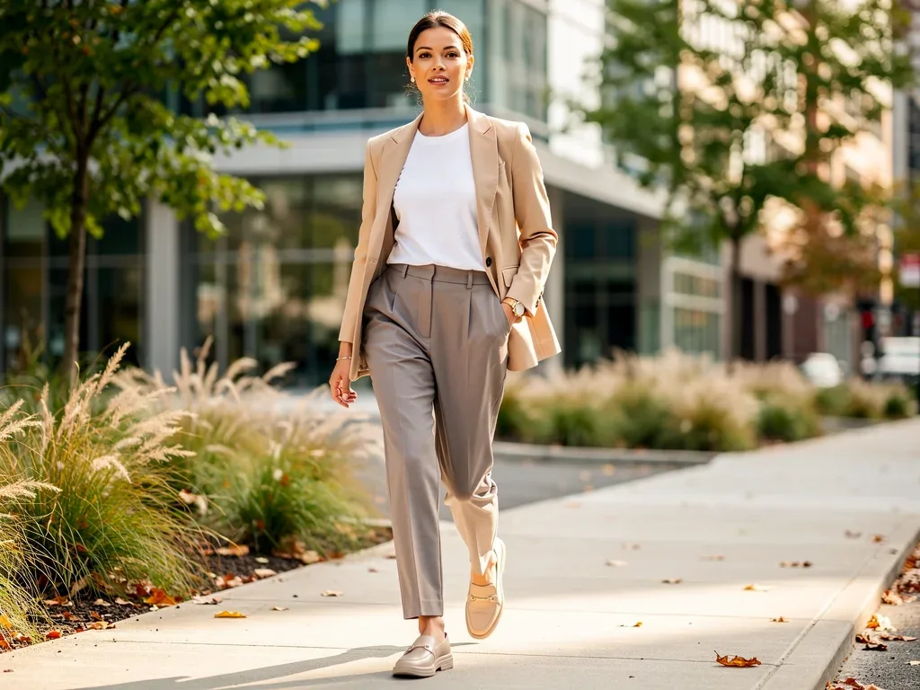 Woman in transitional capsule wardrobe, walking confidently in a city setting.