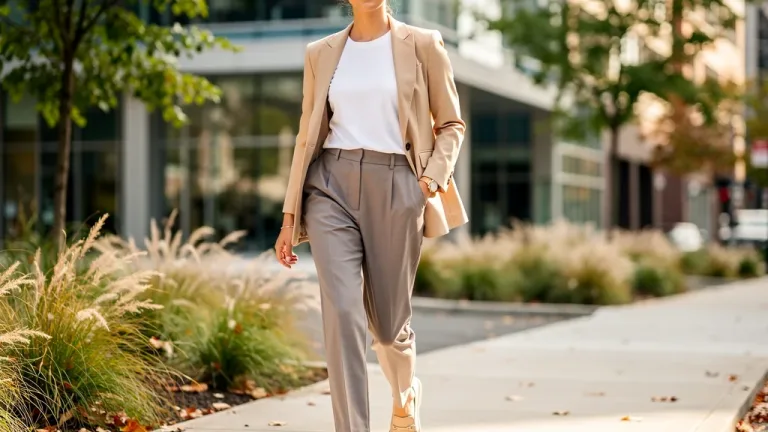 Woman in transitional capsule wardrobe, walking confidently in a city setting.