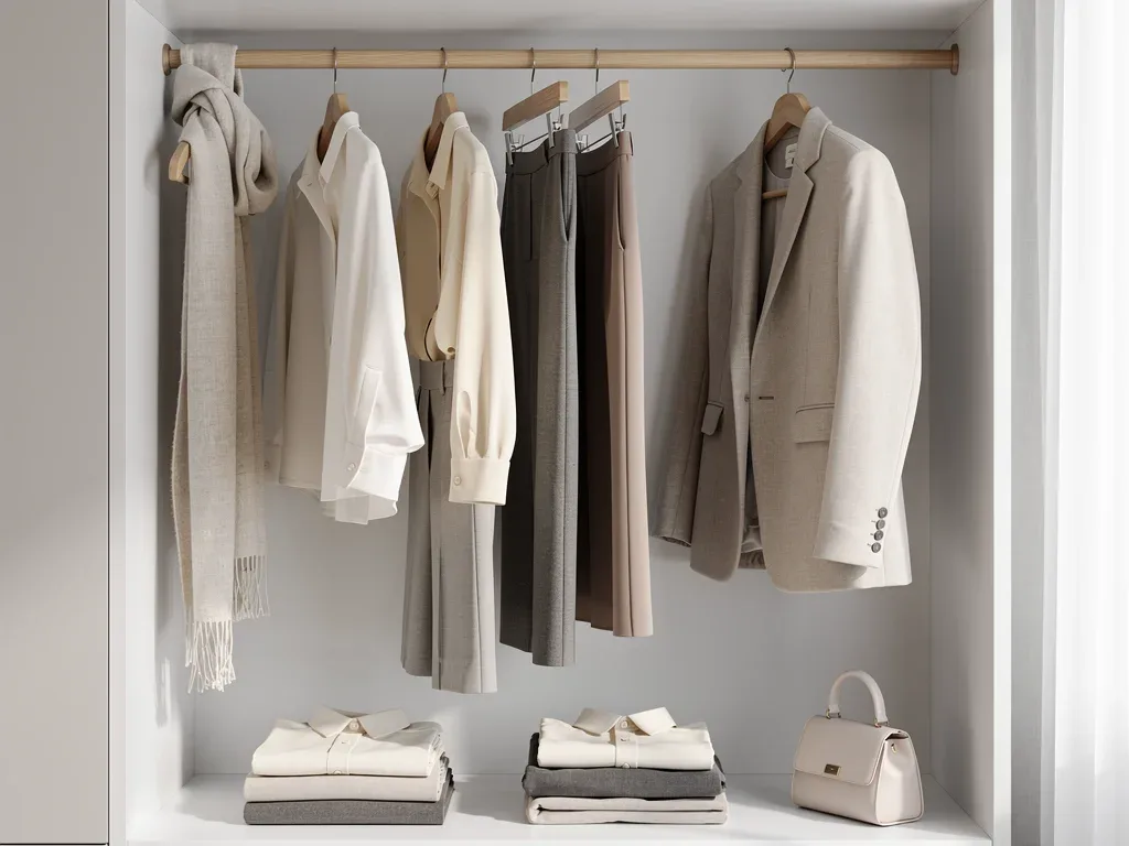 Organized 10-piece transitional capsule wardrobe in a minimalist closet.