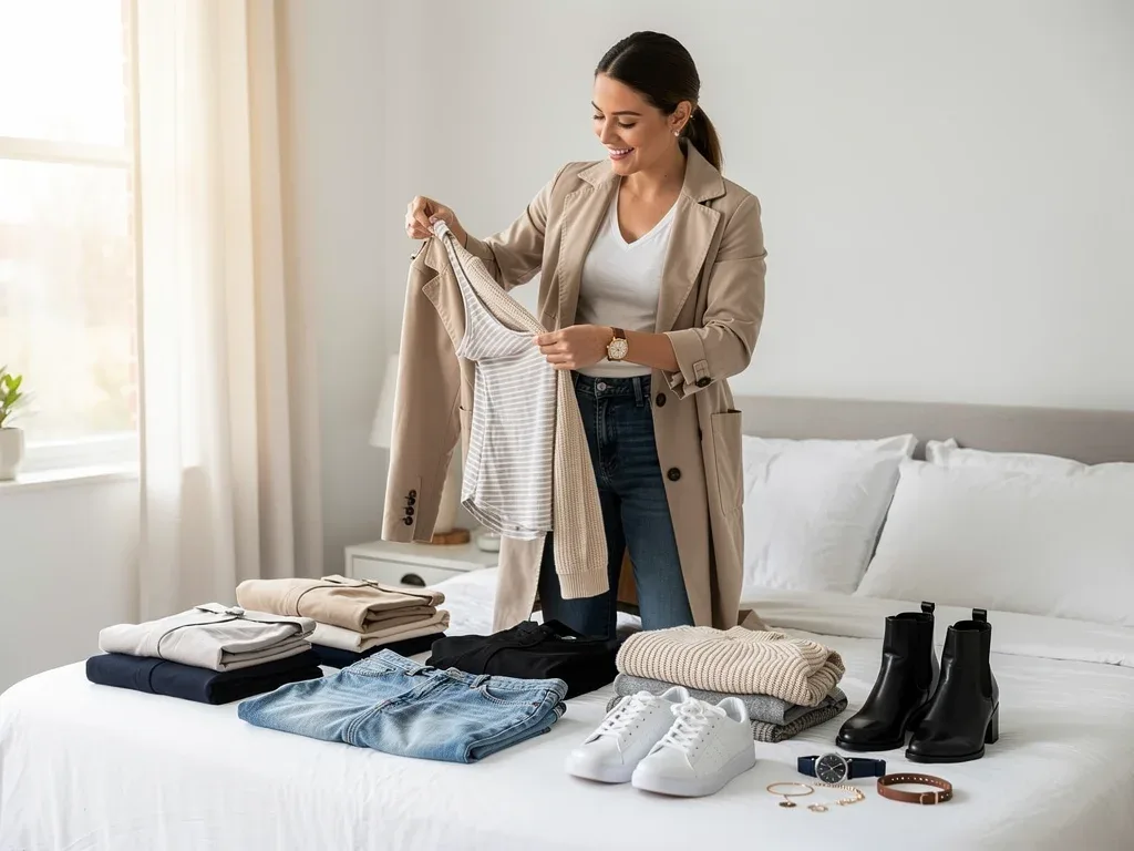 Person quickly assembling an outfit from a versatile capsule wardrobe.