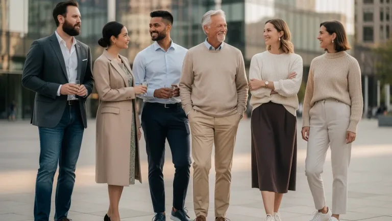 Diverse individuals in smart casual attire, urban setting, representing modern style and versatility.