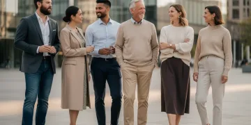 Diverse individuals in smart casual attire, urban setting, representing modern style and versatility.