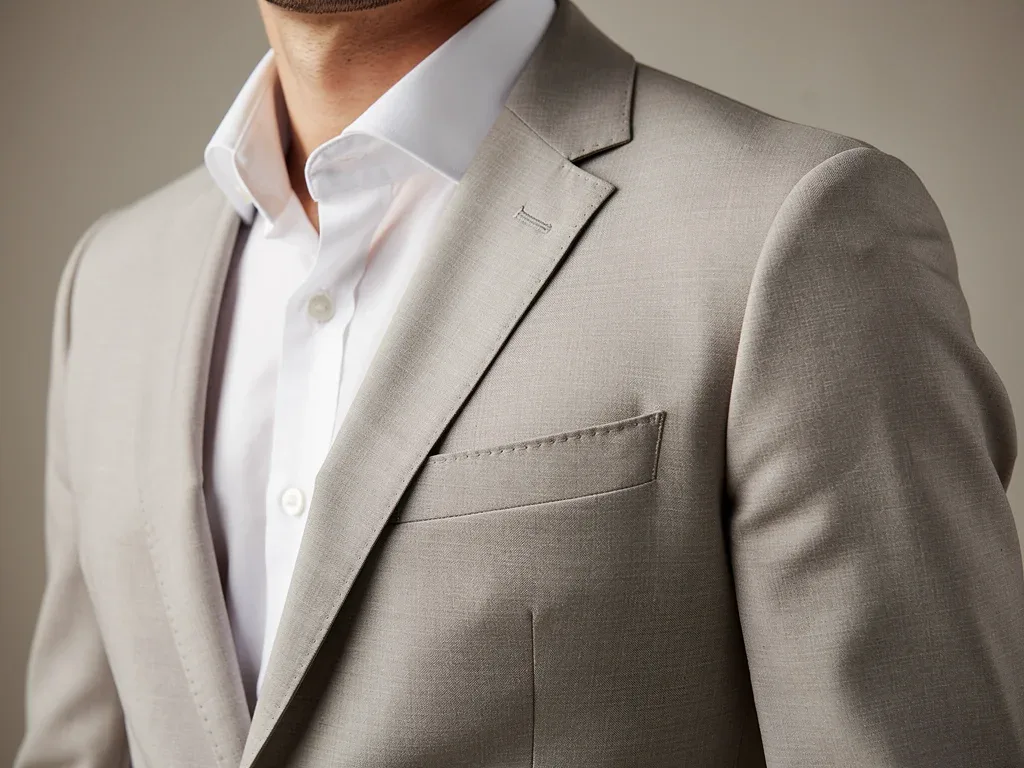 Close-up of a well-fitted neutral blazer and crisp button-down shirt, foundational smart casual pieces.