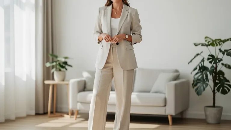 Woman in pristine linen separates, showcasing the effectiveness of the 5-minute steaming routine.