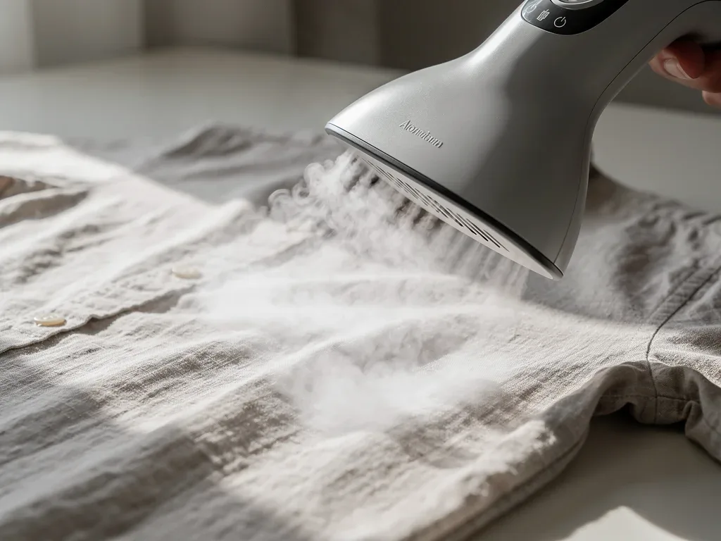 Handheld steamer smoothing wrinkles from a light linen shirt, demonstrating quick steaming technique.