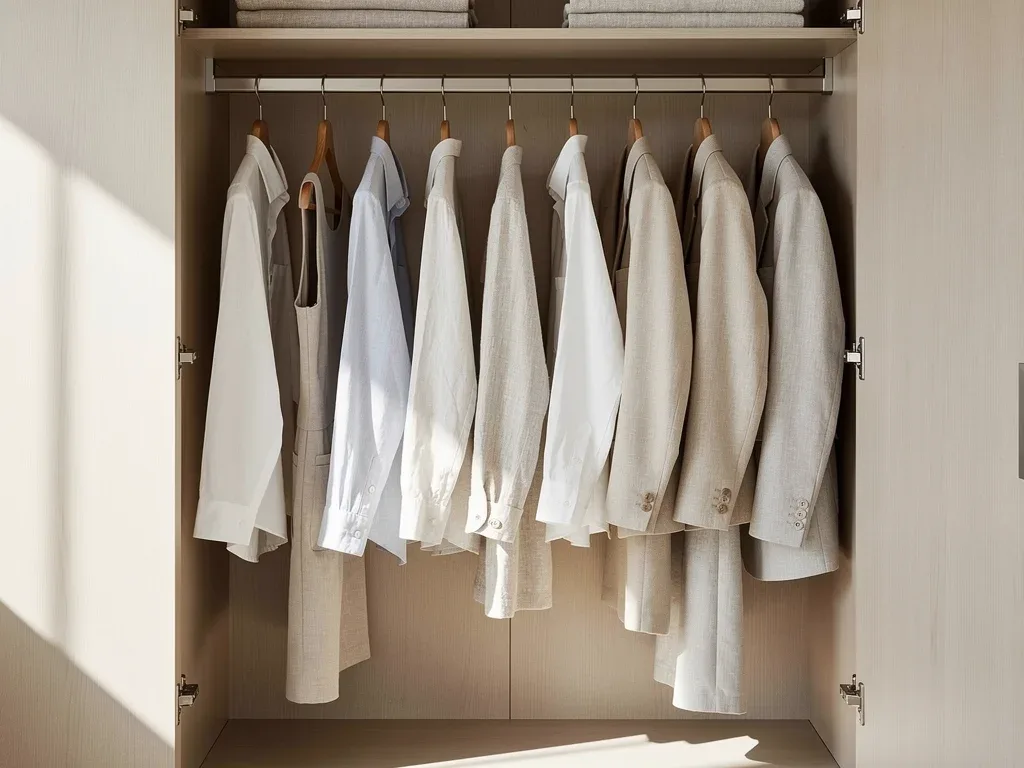 Organized wardrobe with neatly maintained linen garments.
