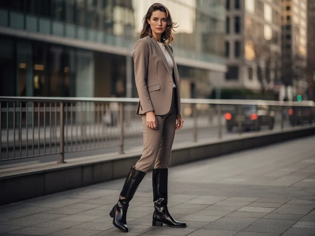 Model in tailored blazer and riding boots, modern equestrian style