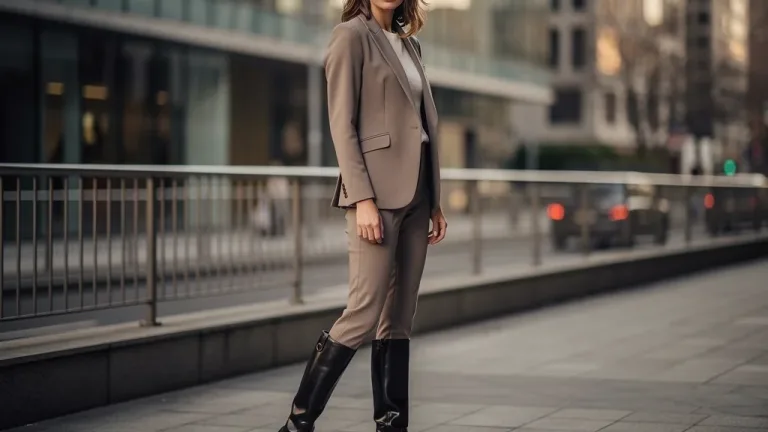 Model in tailored blazer and riding boots, modern equestrian style