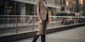 Model in tailored blazer and riding boots, modern equestrian style