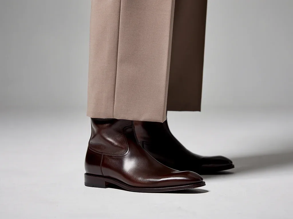 Riding boots paired with tailored wide-leg trousers, elegant fashion
