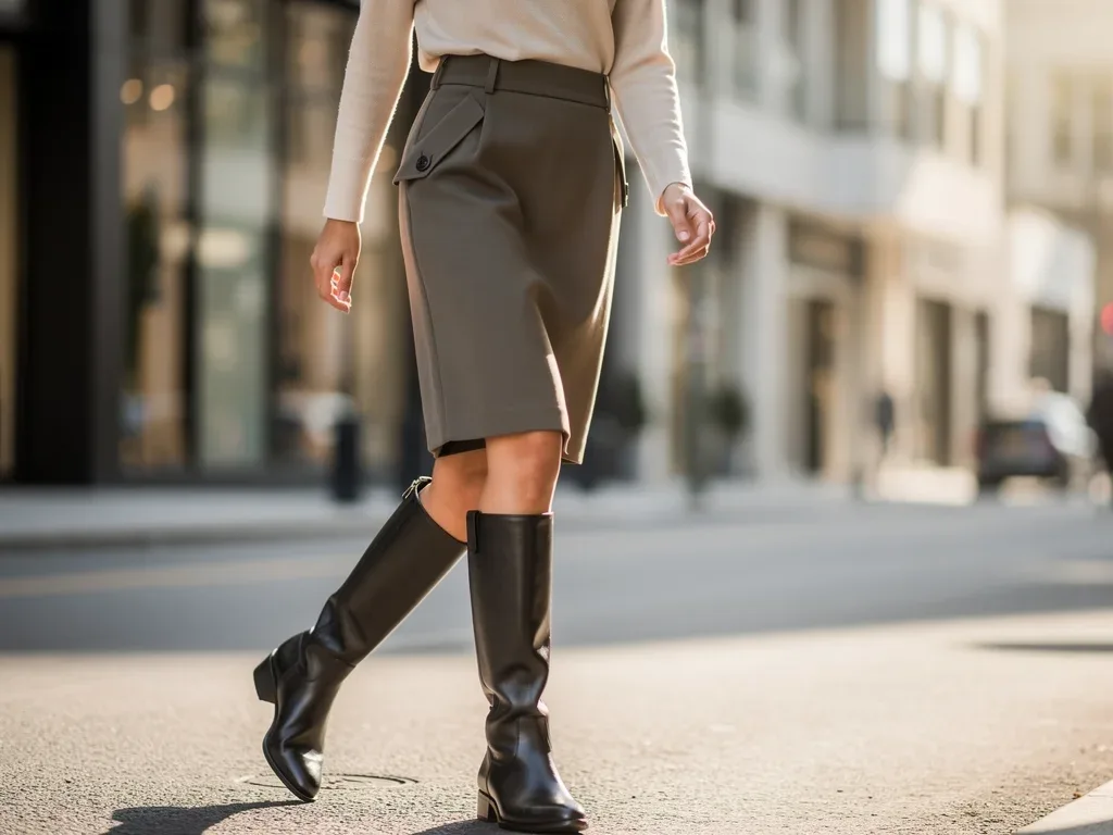 Urban fashion with riding boots and tailored midi skirt