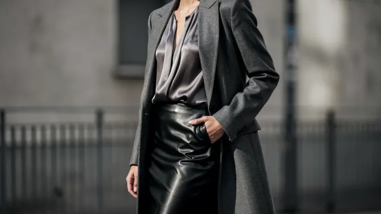 Woman in elegant monochrome outfit mixing wool, silk, and leather textures.