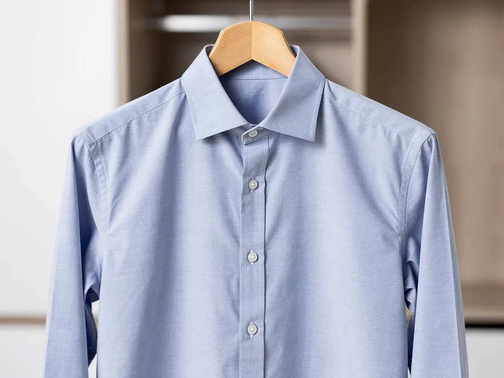 Classic light blue 100% cotton Oxford cloth button-down shirt on a hanger, showcasing timeless style.