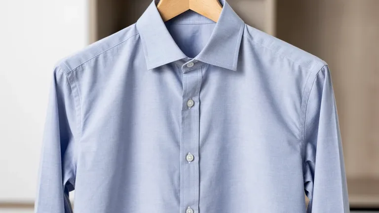 Classic light blue 100% cotton Oxford cloth button-down shirt on a hanger, showcasing timeless style.