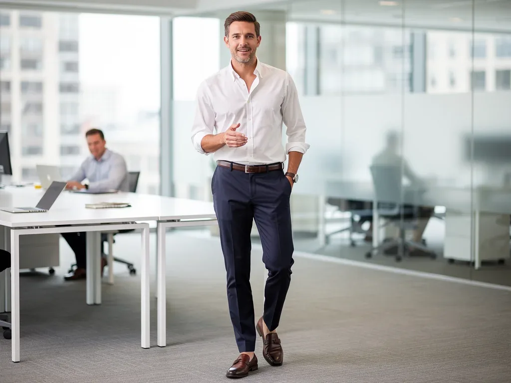 Man wearing a white 100% cotton Oxford shirt in a modern office, showing versatility.