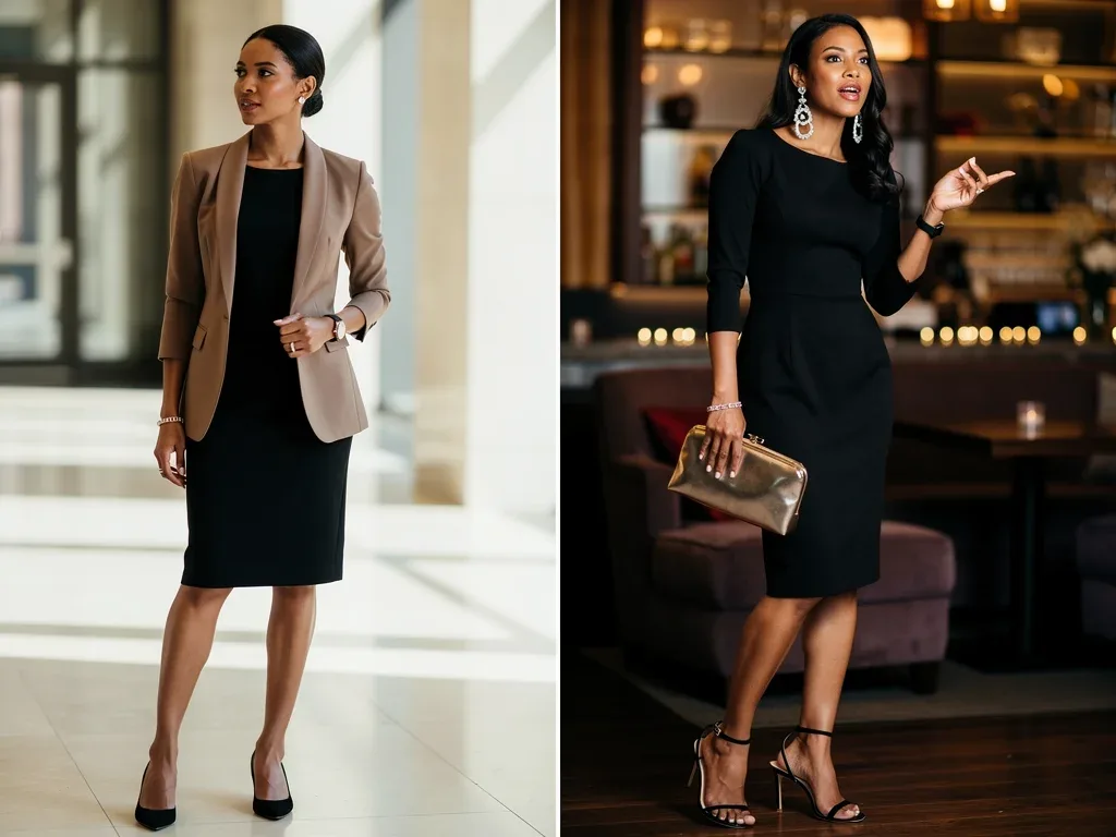 Woman transforming classic shift dress from day to night with accessories