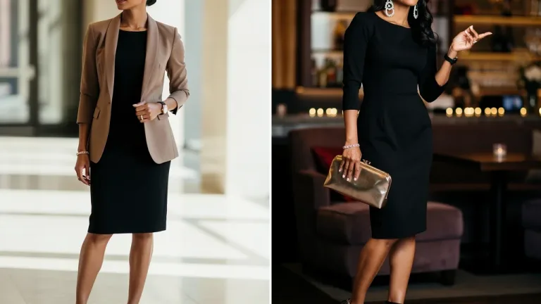 Woman transforming classic shift dress from day to night with accessories