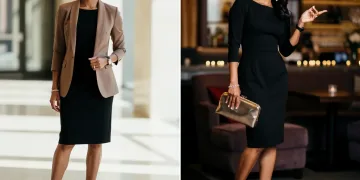 Woman transforming classic shift dress from day to night with accessories