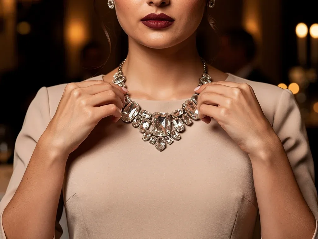 Statement necklace elevating a shift dress for evening wear