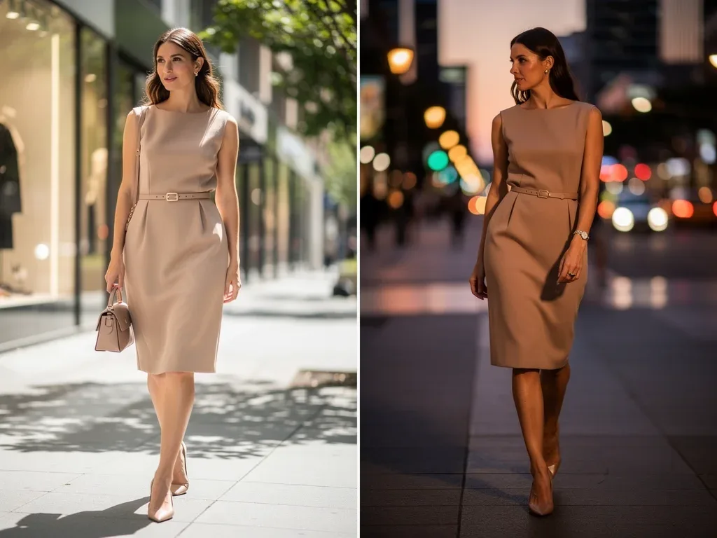 Shift dress styled with belt and flats for day, heels and bracelet for night